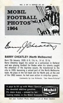 1964 Mobil Football Photos VFL #2 Barry Cheatley Back